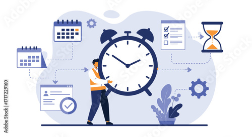 Vector art of man holding a giant alarm clock, symbolizing time management and productivity with calendars and hourglass