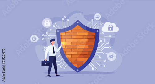 Vector art of businessman standing next to a brick firewall shield, representing cybersecurity and data protection