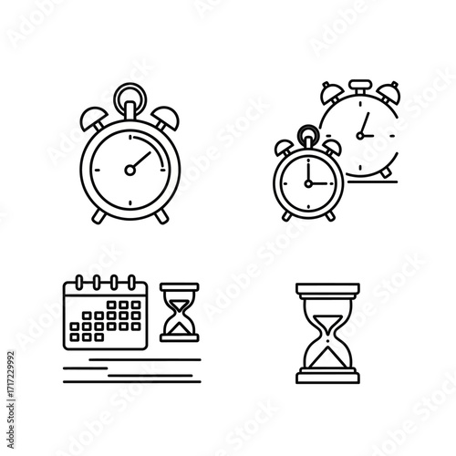 Streamlined time management icons representing schedules, deadlines, and reminders perfect for illustrating productivity and organization in a modern design.