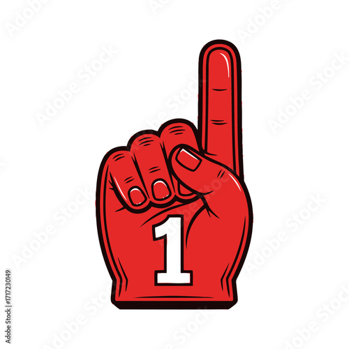 Cheering for number one with vibrant red foam hand, a symbol of victory and sportsmanship perfect for team spirit and fan engagement content