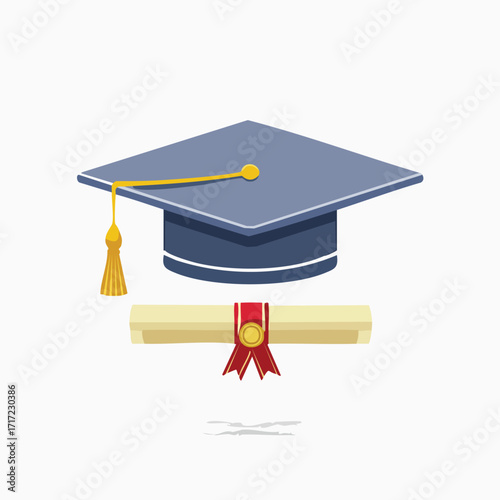 Graphic illustration featuring a traditional graduation cap with a golden tassel and a rolled diploma, symbolizing academic achievement and successful educational completion