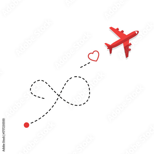 Romantic getaway concept with a red airplane flying towards a heart, perfect for travel agencies and honeymoon promotions, creating wanderlust and love