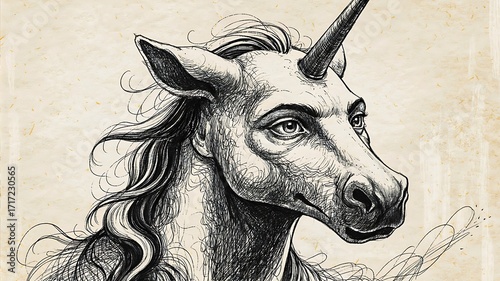 Vintage sketch illustration of unicorn with detailed head and horn
