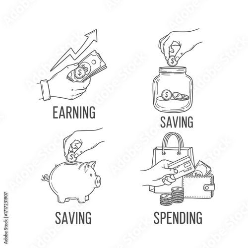 Financial literacy visuals showing earning, saving, and spending money - a modern way to teach personal finance and budgeting skills for a secure future