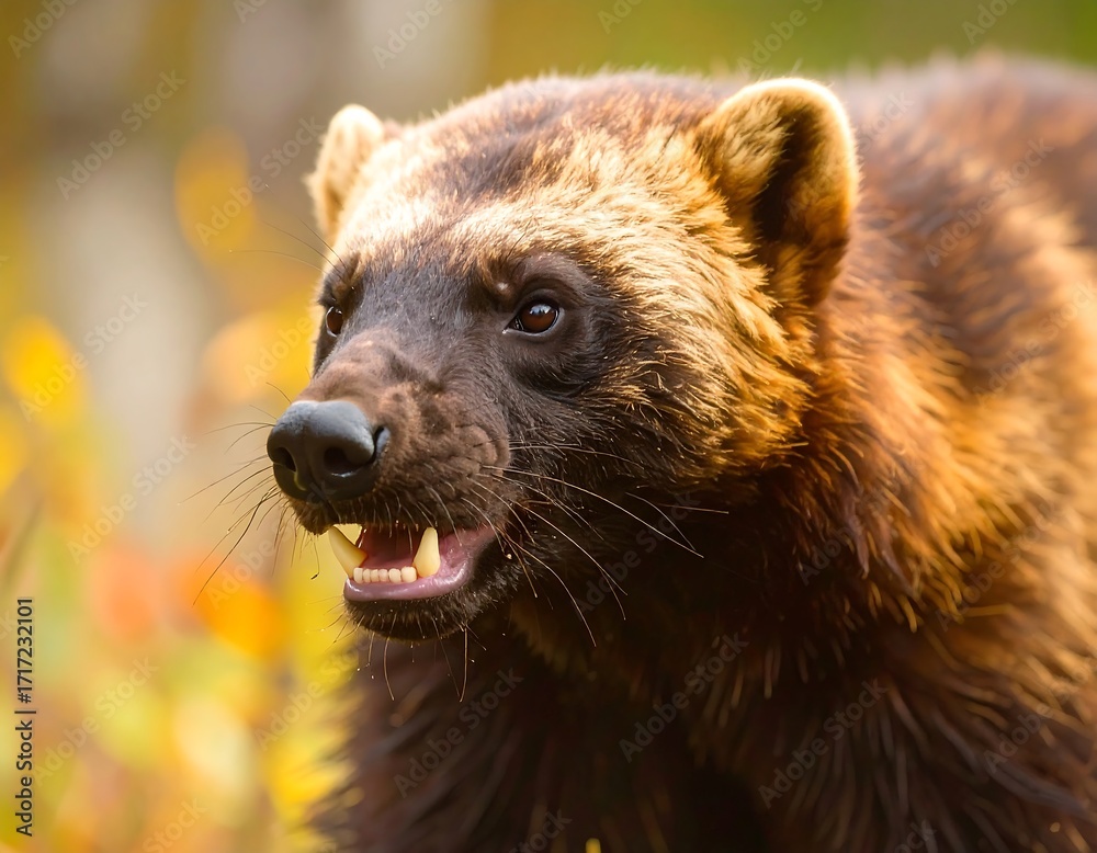Fototapeta premium Close-up of a wolverine in autumn foliage