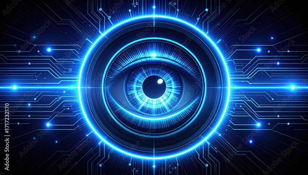 Fototapeta premium An artificial ligence eye is displayed in glowing neon blue against a black background with a circuit board design, symbolizing technology and surveillance.