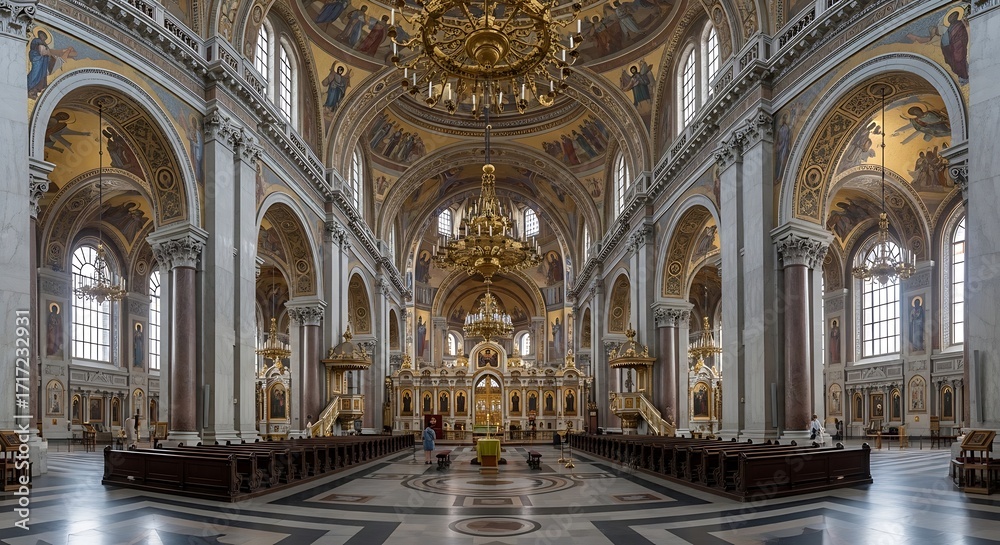 Obraz premium Grand interior view of a cathedral, showcasing ornate arches, pillars, and a vast expanse of golden-hued artwork and rich architecture.