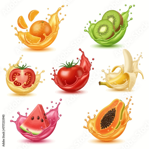 Fresh fruit splash collection for vibrant smoothie recipes and healthy eating campaigns, featuring orange, kiwi, tomato, banana, watermelon, and papaya
