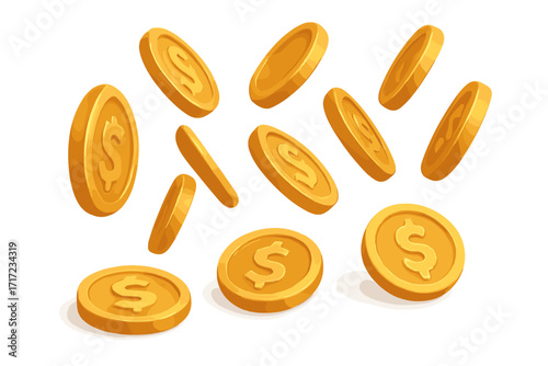 3D golden dollar coins falling. Realistic vector render of money rain. Financial concept for business investment, profit, and savings. Isolated cash illustration for jackpot or wealth.