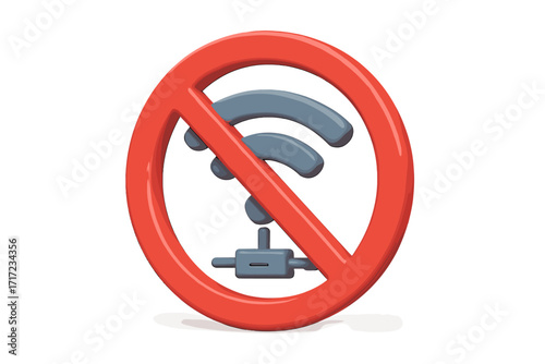 3D no wireless connection sign. No wi-fi icon. Vector illustration of a crossed-out symbol. Concept of no internet, network error, offline mode, lost signal, access denied.