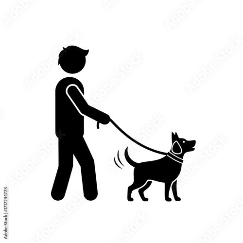 Simple black and white pictogram showing a man walking a happy dog with a wagging tail, perfect for pet care services and community health campaigns