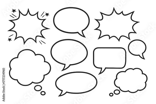 Comic speech bubbles vector set. Blank black and white talk and thought bubbles. Cartoon pop art explosion, shout, and communication box icons for comics and dialog.