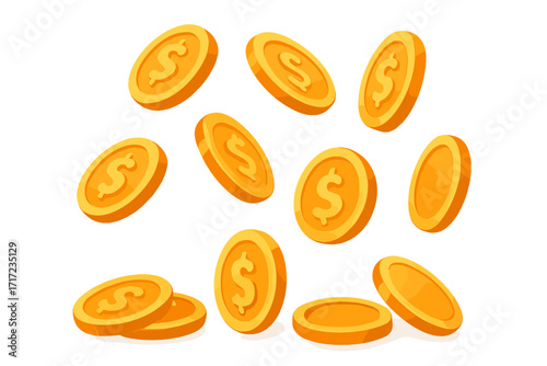 Falling gold coins with dollar signs, a 3D vector cartoon illustration. Concept of money rain, cash flow, profit, investment success, and jackpot win. Financial wealth.