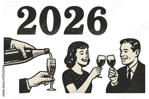 New Year 2026 retro greeting card. Vintage party celebration. Halftone hands pouring champagne. Trendy newspaper collage illustration. People drink wine. Couple toast.