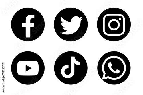 Set of popular social media icons. Facebook, Twitter, Instagram, YouTube, TikTok, WhatsApp logos. Black flat silhouette vector symbols for web, app, and marketing design.