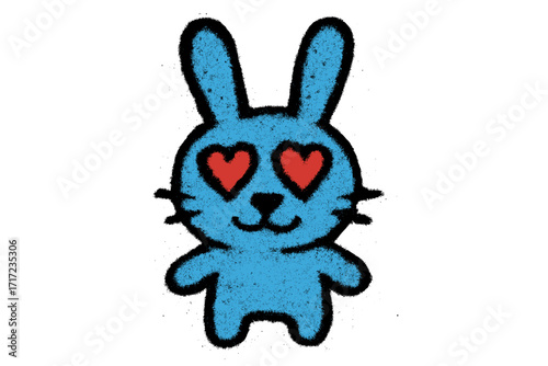Graffiti blue rabbit with red heart eyes in love. Funny urban street art character. Textured spray paint vector illustration. Cute weird bunny cartoon isolated on white.
