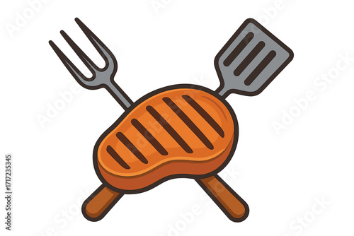 Grilled steak with barbecue fork and spatula. BBQ meat icon concept for steakhouse logo or restaurant menu. Summer grilling party food vector. Cartoon design illustration.