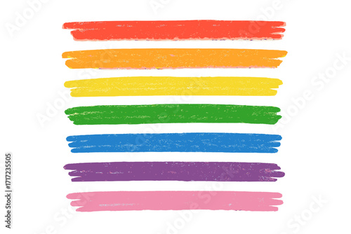 Set of colorful crayon brush strokes. Hand-drawn rainbow stripes with a rough chalk texture. Childish underline or highlight elements for emphasis and accent. Vector for kids.