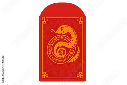 Chinese New Year 2026 Year of the Snake. Traditional red envelope lucky money design. Paper cut style zodiac animal vector illustration for holiday gift, greeting card concept.