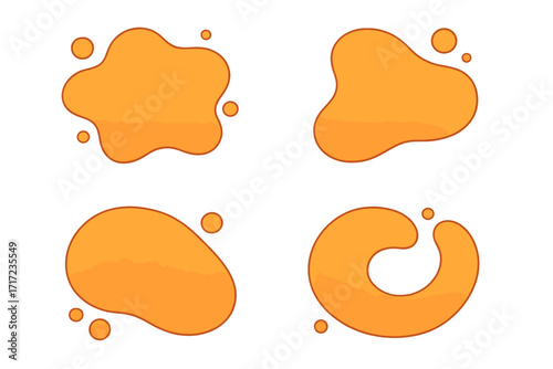 Liquid shape set. Cartoon organic forms. Vector illustration of orange honey drops, juice splashes or syrup blobs. Abstract fluid design elements with glossy effect.