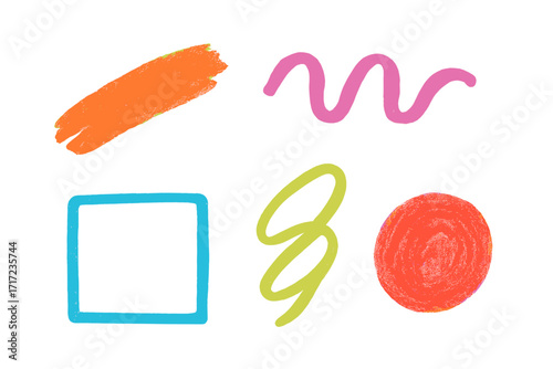 Colorful hand-drawn charcoal strokes and shapes. Set of abstract vector scribbles, lines, and smears with crayon texture. Isolated doodle design elements for creative projects.