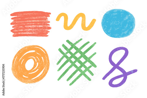 Set of hand-drawn abstract shapes and doodles. Colorful charcoal, chalk, or crayon textured elements. Vector scribble, squiggle, circle, and hatch marks for playful design.