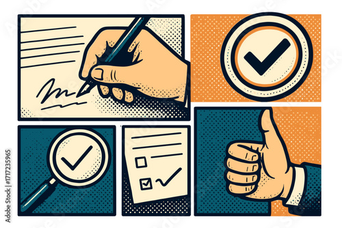 Contract signing and approval collage. Hand with pen signing document. Business deal verification, partnership agreement concept. Thumbs up and checkmark for success. Halftone vector.