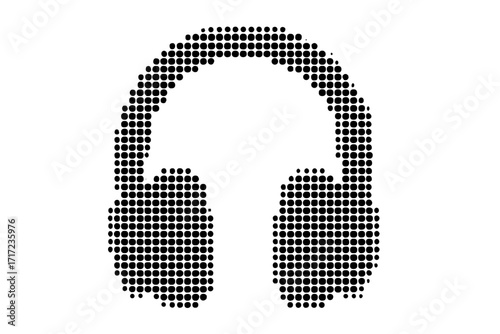 Dotted pixelated black headphones icon. Vector halftone collage of headphone symbol from circles. Music, audio, sound, podcast listen concept. DJ tech gear. Abstract modern art.