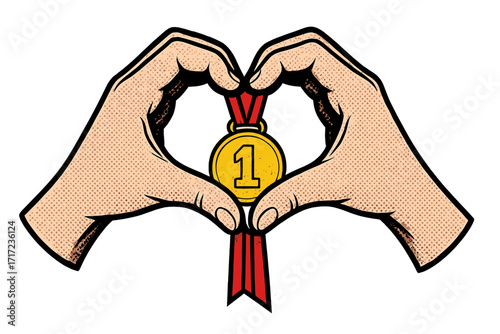 Hands forming heart shape hold gold medal. Love winning concept. First place prize for sport or business success. Champion reward for goal achievement. Halftone vector.