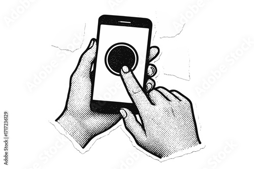 Halftone collage of hands holding a smartphone. Finger pushing a round button on the display. Online voting, shopping, or call to action concept. Torn paper vector art.