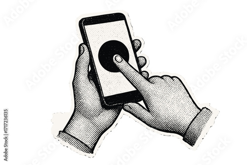Halftone collage of hands holding a smartphone. Finger pushing a button on the display. Concept for online voting, shopping, user interface, app, click, and user choice.