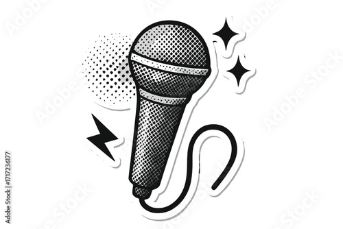 Halftone microphone vector sticker. Pop art comic style. Retro music mike for karaoke. Concept podcast, stand up comedy, singing, performance, interview, broadcast, audio.