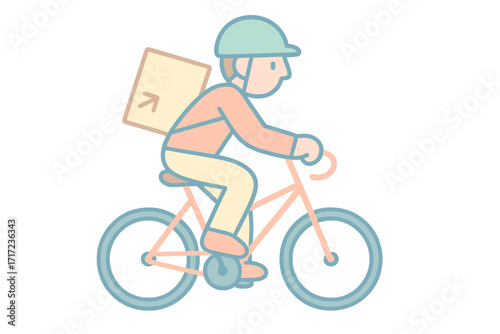 Bicycle courier with parcel delivery. Man riding a bike. Concept for fast express shipping service, logistics, and eco-friendly city transport. Minimalist cartoon vector.