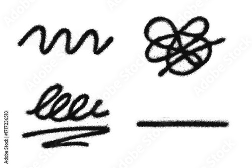 Graffiti spray paint elements. Scribble line, doodle stroke, and sprayed squiggle. Strikethrough and underline. Messy chaos, tangled thoughts concept. Urban street art.