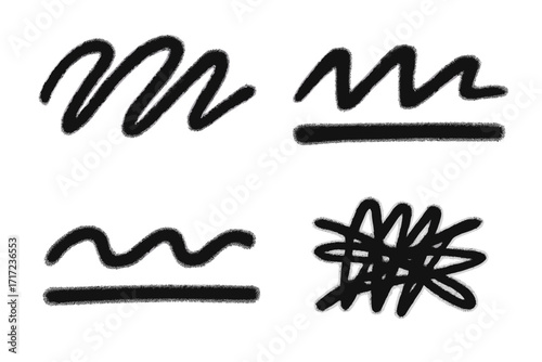 Set of graffiti spray paint scribbles. Grunge doodle, wavy and straight lines. Urban street art elements. Vector illustration of sprayed squiggle, strikethrough, underline.