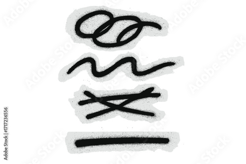 Set of black graffiti spray paint scribbles. Hand-drawn urban street art elements. Doodle, squiggle line, strikethrough, underline strokes. Grunge aerosol texture design asset.