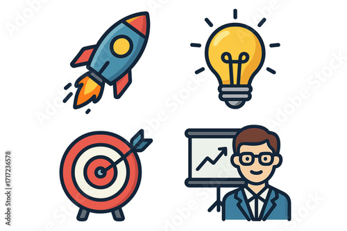 Startup business cartoon icon set for creative innovation, rocket launch, light bulb idea, business target, goals and success, leadership, marketing growth, team management concept vector illustration