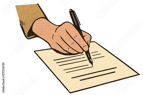 Business contract signing concept, vintage halftone collage, female hand writing with pen on paper, legal agreement, official document, paperwork, signature process, contemporary mixed media
