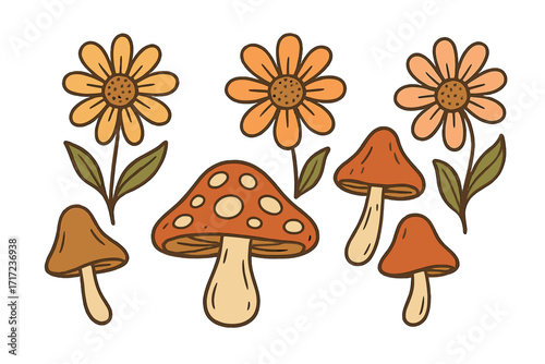 Retro groovy mushroom and daisy flower set. 70s hippie style botanical collection. Hand drawn vector floral illustration. Vintage clip art elements for sticker, print design.