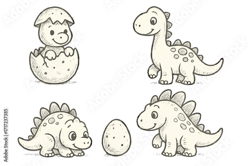 Hand drawn dinosaur sketches set. Cute prehistoric baby dino designs. Vector cartoon illustration of brontosaurus, stegosaurus and hatching egg. Isolated kids character collection.