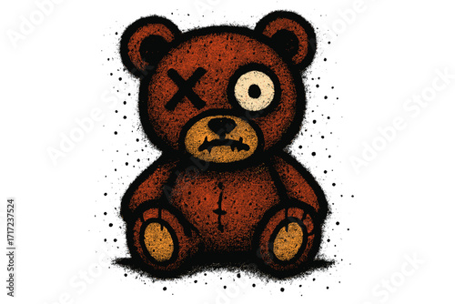 Urban graffiti spray paint creepy teddy bear illustration, textured grunge street art, weird spooky plush toy, hand drawn vector, isolated cartoon character, distressed sketch effect
