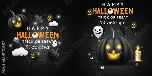 Set of Happy Halloween party celebration social media poster designs with bats, pumpkins, and candles. Black Halloween banner collection design template. Haunted Halloween party design with spooky.