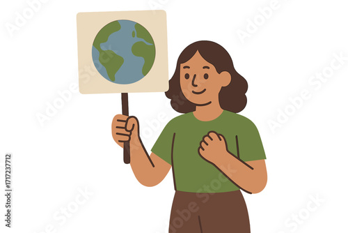 Climate activist holding planet earth sign. Environmental advocacy and protest concept. Eco-friendly woman fighting for conservation. Vector cartoon illustration for ecology.