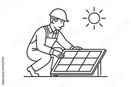 Solar panel installation line art. Engineer, worker, or technician installing photovoltaic cells. Concept for renewable energy, green power, sustainable technology, clean energy.