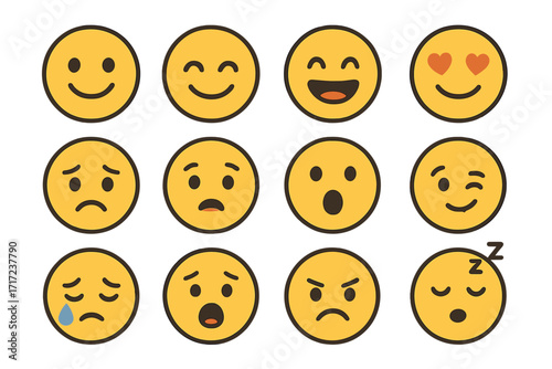 Emoji set with diverse expressions. Flat design vector cartoon illustration. Yellow smiley face icons showing emotions like happy, sad, angry, love, surprised, sleeping. Character pack.