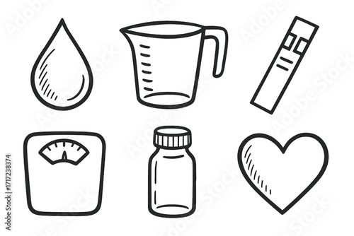 Health and medical icon set vector. Hand drawn doodle of water drop, measure cup, glucose test strip, scale, bottle, heart. Concept of diet, analysis, health care, diabetes.