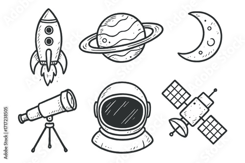 Hand-drawn space elements collection. Vector doodle icon set with rocket, planet, telescope, astronaut, satellite, and moon. Cosmic astronomy sketch illustration for kids.