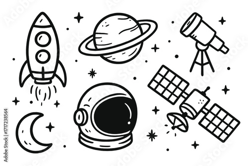 Hand-drawn space elements set. Vector cartoon illustration. Doodle astronomy icon collection with rocket, planet, telescope, astronaut helmet, satellite, moon, and stars.