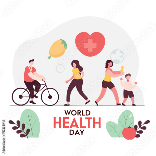 Active families embrace healthy lifestyles with cycling, walking, and mindful choices for a vibrant future celebrating World Health Day.