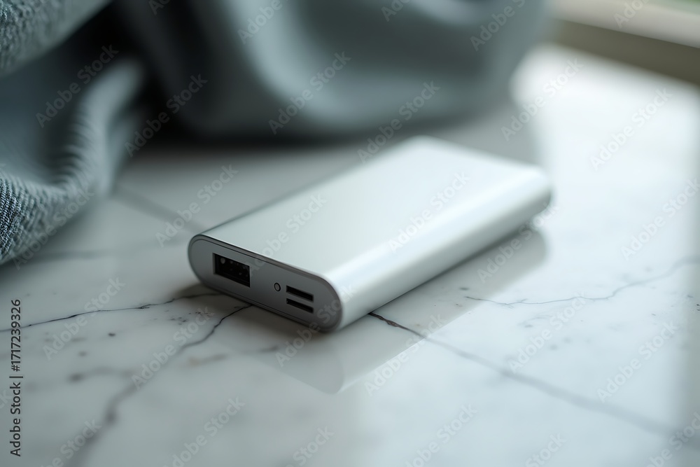 Fototapeta premium Generative AI portable power bank on marble surface